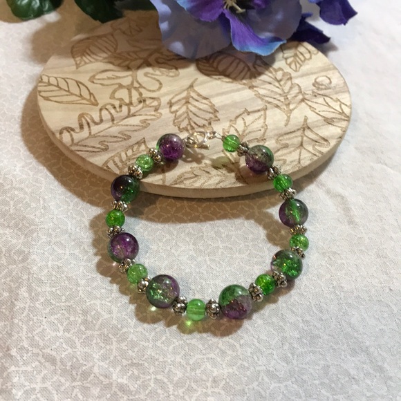 Jewelry - beaded green and purple bracelet